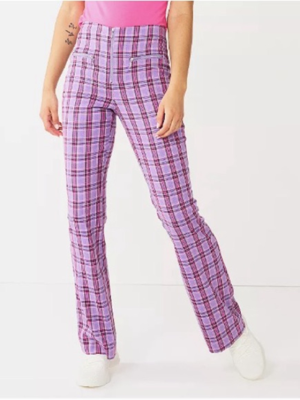 SO Pink & Purple Plaid Flannel High Rise Flare Leg Zip Up Pants